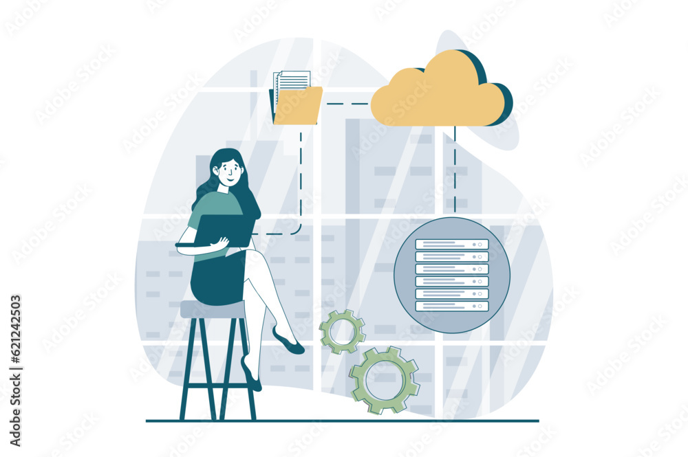 Aufkleber server maintenance concept with people scene in flat design for web. woman makes optimization workfl