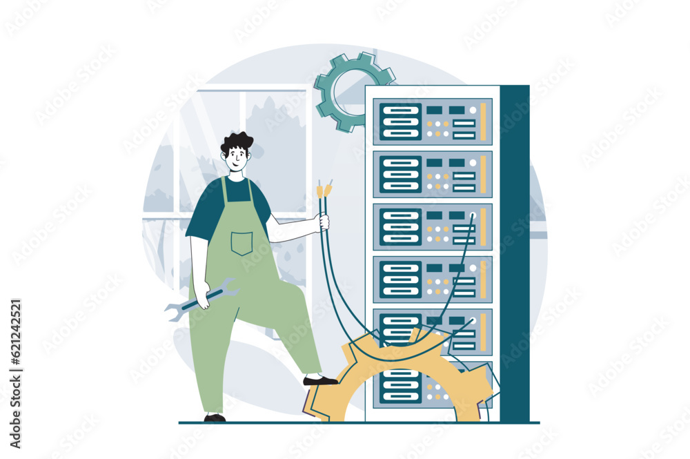Leinwandbilder server maintenance concept with people scene in flat design for web. man fixing technical problem an