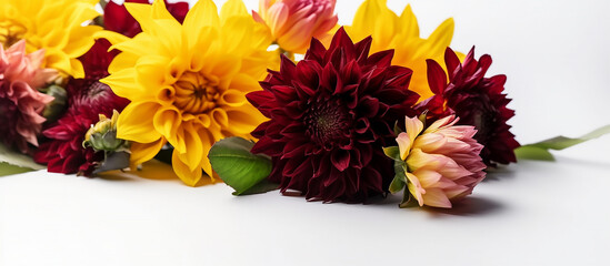 Dahlia and sunflowers bouquet on white background with copy space