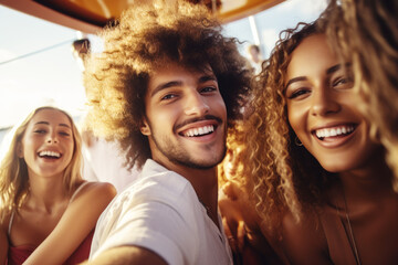 Group of mix race young people having a party on the luxury yacht
