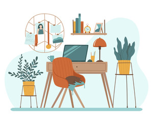 Work table with a chair in the interior. Houseplants, a bookshelf and a sleeping cat complete the work space. Workplace for remote work. Flat vector illustration.