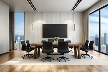 An Elegant and empty meeting boardroom with presentation. A conference table with a big TV screen