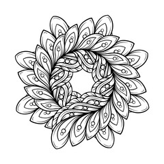 Black and white abstract floral mandala wreath pattern. Antistress coloring page.