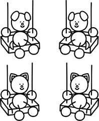 ブランコに座るわんまるとにゃんまるの線画セット　犬　猫