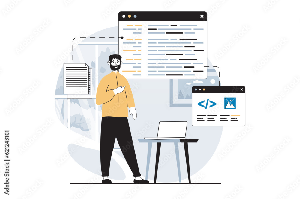 Leinwandbilder Software development concept with people scene in flat design for web. Man designer programming and optimization application code. Vector illustration for social media banner, marketing material.