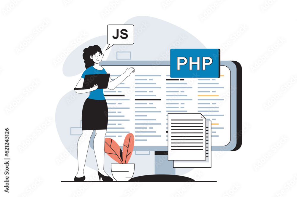 Leinwandbilder Software development concept with people scene in flat design for web. Woman creating programs and testing code of webpage layout. Vector illustration for social media banner, marketing material.