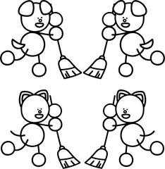 ほうきで掃除をするわんまるとにゃんまるの線画セット　犬　猫