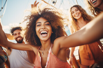 Group of mix race young people having a party on the luxury yacht