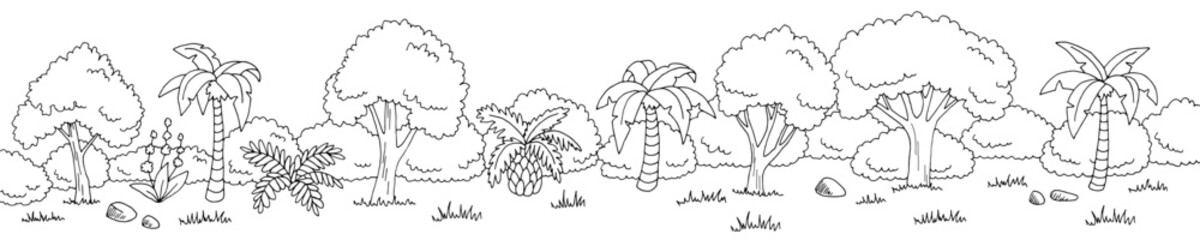 Jungle rain forest graphic black white long landscape sketch illustration vector