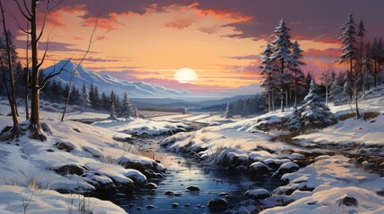 Serene Sunrise or Sunset with Snow-Covered Landscapes