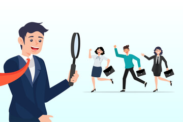 Employer boss or HR use magnifying glass to choose job interview people, searching the best candidate or job, human resources, head hunt, choosing talent for job vacancy,  company recruitment (Vector)