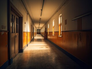 Fototapeta na wymiar Empty long corridor with many doors, AI generative