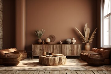 interior design, light ethnic boho decoration, living room in brown warm color