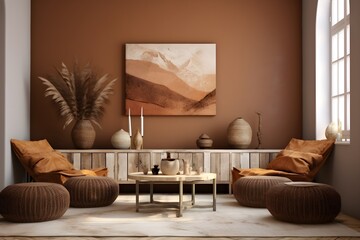 interior design, light ethnic boho decoration, living room in brown warm color