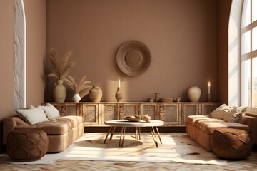 interior design, light ethnic boho decoration, living room in brown warm color