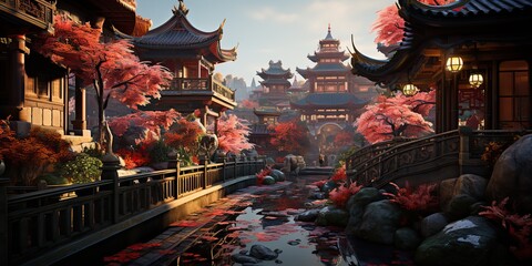 AI Generated. AI Generative. Chinese asian traditional classic culture  village city houses. Nature outdoor explore travel adventures vibe. Graphic Art