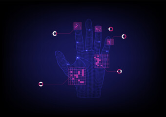 Blue wireframe hand with handprint scan technology background