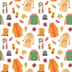 Autumn clothing pattern. Casual wears, outdoor outfits, rainy season accessories, shoes, raincoats, gloves, leaves.