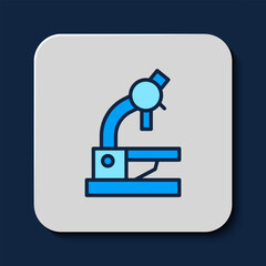 Filled outline Microscope icon isolated on blue background. Chemistry, pharmaceutical instrument, microbiology magnifying tool. Vector