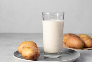 Vegan potato milk in tall glass and potato in plate on gray background. Plant based milk replacer and lactose free
