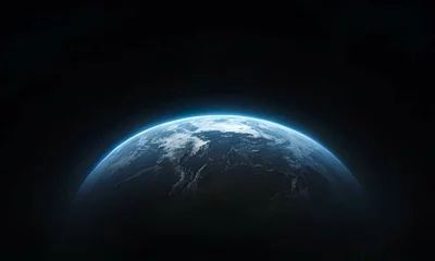 Tuinposter 宇宙に浮かぶ地球の地平線が闇の中で光り輝く © sky studio