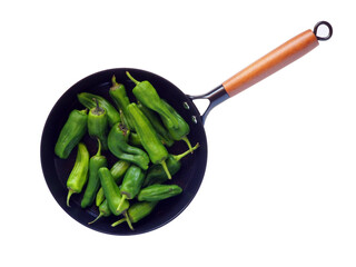 Raw Padron Peppers in Frying Pan