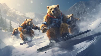 Fotobehang Generative AI. Four brown bears are snowboarding at a ski resort. A creative image with wild animals is an advertisement for an active winter extreme sport. © Nikolai