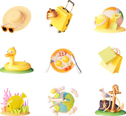 Vector travel icon set. Airplane flights, beach vacation, hotel booking, sea tours, shopping, restaurants, entertainment for children, swimming and snorkeling - 621248700