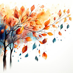 beautiful watercolor autumn tree, Autumn leaves in watercolor style on white background