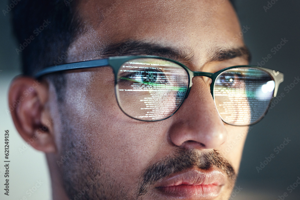 Aufkleber Glasses, man and reflection of programmer on computer working on software, code and data. IT, engineer and serious face of developer with information technology for cloud computing in office closeup.