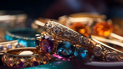 Fototapeta na wymiar luxury elegant fashionable modern gold silver jewelry, rings , bracelets and earrings, green blue pink yellow citrine big gemstones on white blurred background