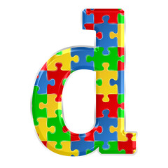 Colorful puzzle alphabet letter d, isolated on transparent background, lowercase. This is a part of a set which also includes numbers, symbols, and shapes.