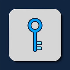 Filled outline House key icon isolated on blue background. Vector