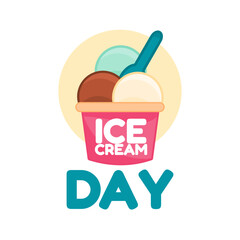 Big Text Ice Cream Day with Chocolate Vanilla Mint Ice Cream Cup Blue Spoon on Circle Pastel Background Icon