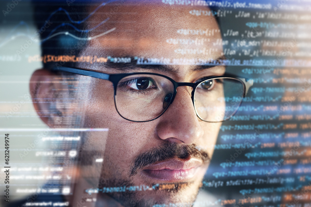 Aufkleber Man, face and programmer coding at night with overlay or dashboard of code, malware or software at office. Male person, coder or developer working late in problem solving, algorithm or programming