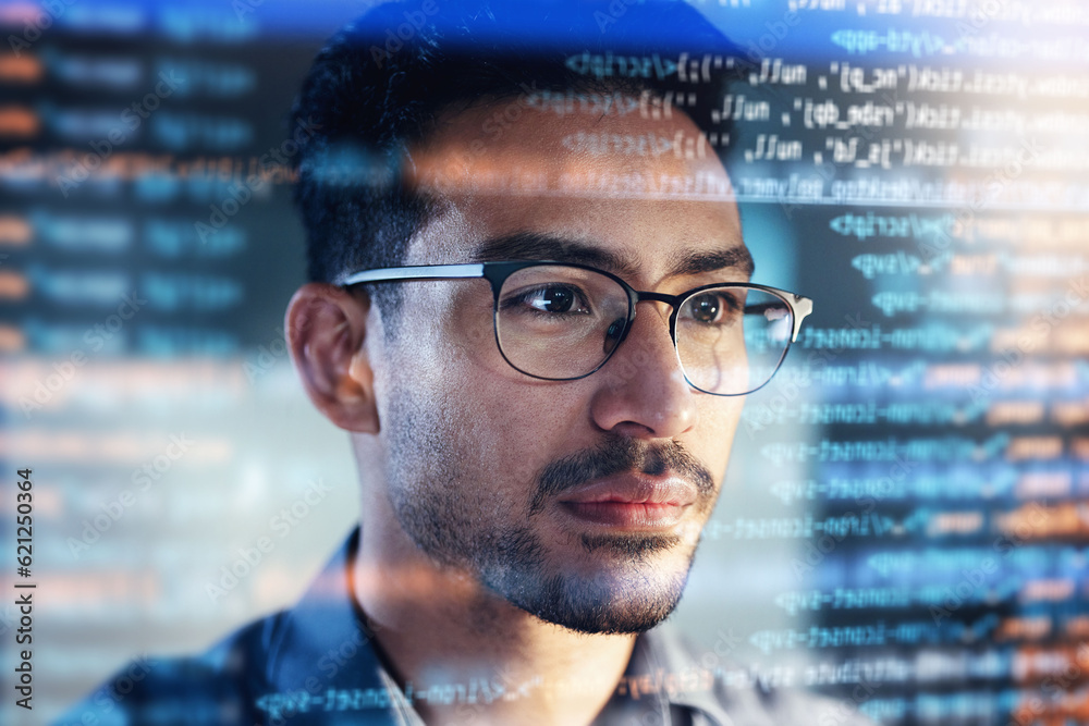 Poster Software, coding hologram and man thinking of data analytics, night cybersecurity and 3d screen overlay. Programmer or IT person in glasses reading html script, programming and cybersecurity research