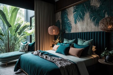 spacious bedroom with a vibrant green headboard on a large bed. Generative AI