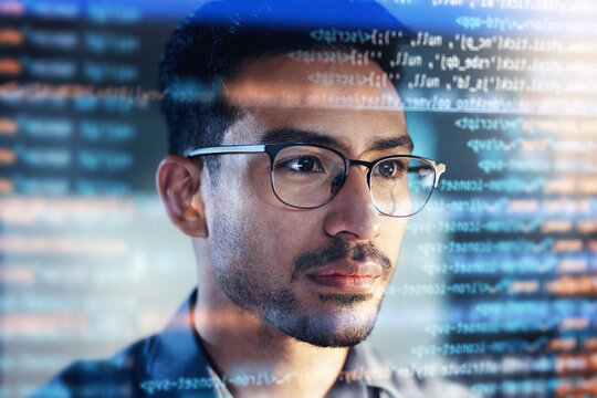 Software, coding hologram and man thinking of data analytics, night cybersecurity and 3d screen overlay. Programmer or IT person in glasses reading html script, programming and cybersecurity research