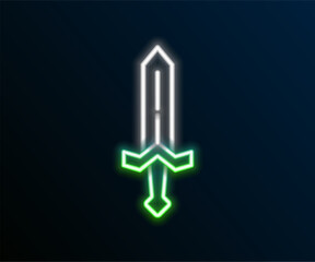 Glowing neon line Medieval sword icon isolated on black background. Medieval weapon. Colorful outline concept. Vector