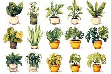 Fototapeta na wymiar watercolor collection of beautiful plants in ceramic pots