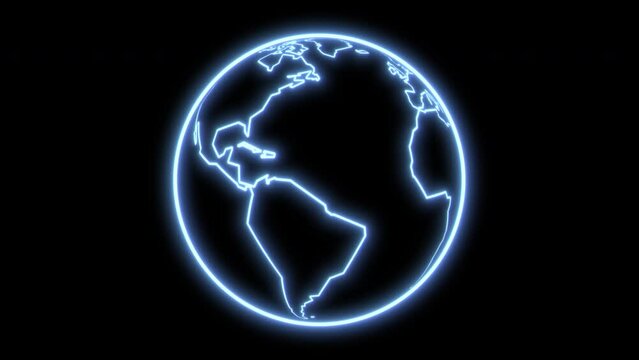 2D animation of the blue glowing outline cartoon planet Earth isolated on a black background. Rotating black planet in flat design. Good for education, business film, modern explainers, or infographic