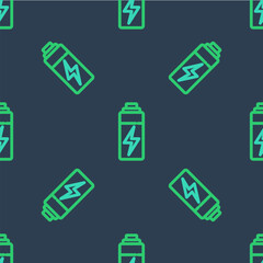 Line Battery icon isolated seamless pattern on blue background. Lightning bolt symbol. Vector
