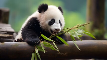Fototapety  Adorable baby panda munching on bamboo Generative AI
