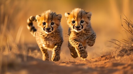 Agile cheetah cubs playfully chasing each other Generative AI