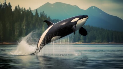 Majestic orca breaching out of the water Generative AI