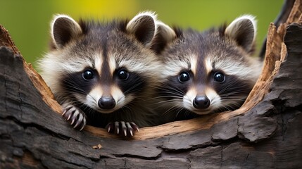 Playful raccoons peeking out from behind a log Generative AI