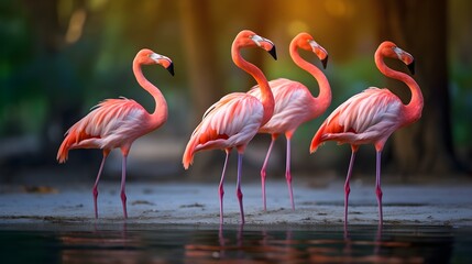 Group of flamingos standing gracefully in a shallow lagoon Generative AI
