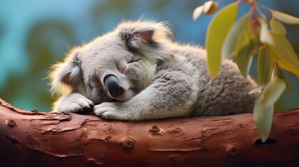 Sleepy koala cuddled up on a eucalyptus tree branch Generative AI