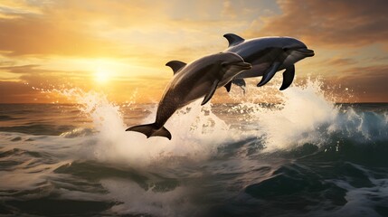 Playful dolphins leaping out of the water, Generative AI