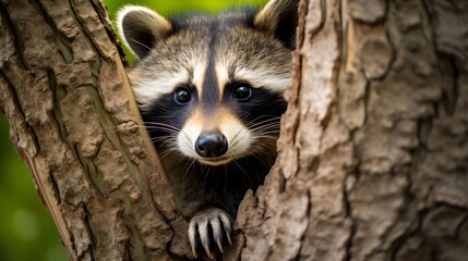 Fototapeta premium Curious raccoon peering out from behind a tree Generative AI